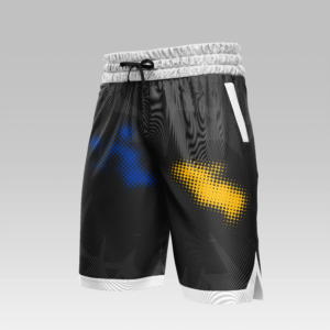 Short de combat AAM De La Riva noir avec détails bleu et jaune pour le JJB, grappling et MMA.